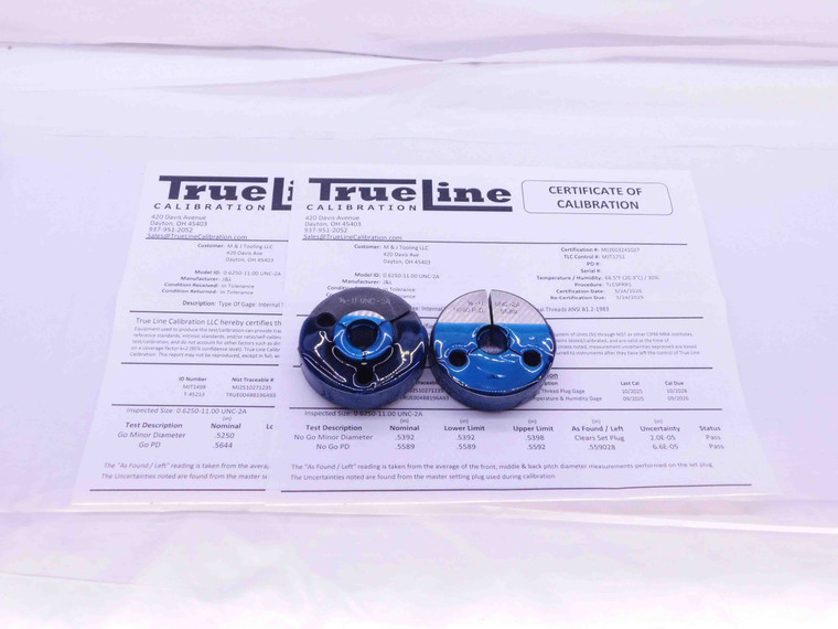 CERTIFIED 5/8 11 UNC 2A THREAD RING GAGES .625 GO NO GO P.D.'S = .5644 & .5589 - DW35211TLC