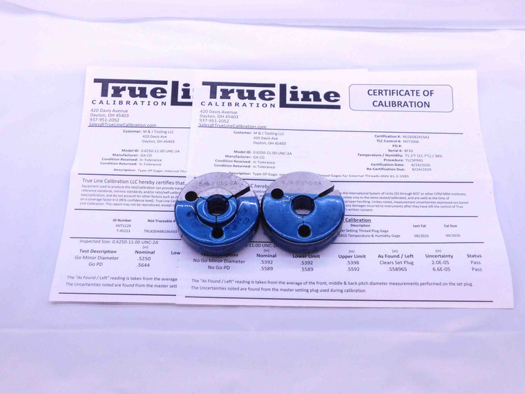 CERTIFIED 5/8 11 UNC 2A THREAD RING GAGES .625 GO NO GO P.D.'S = .5644 & .5589 - DW35211TLC