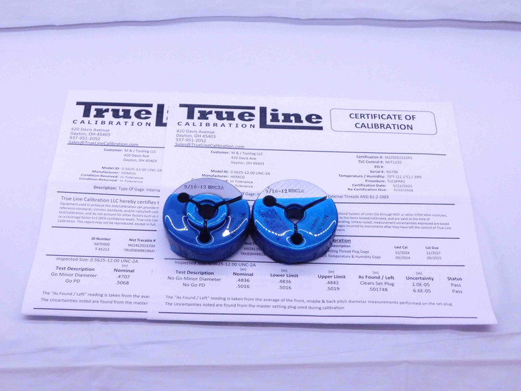 CERTIFIED 9/16 12 UNC 2A THREAD RING GAGES .5625 GO NO GO PD'S = .5068 & .5016 - DW35215TLC