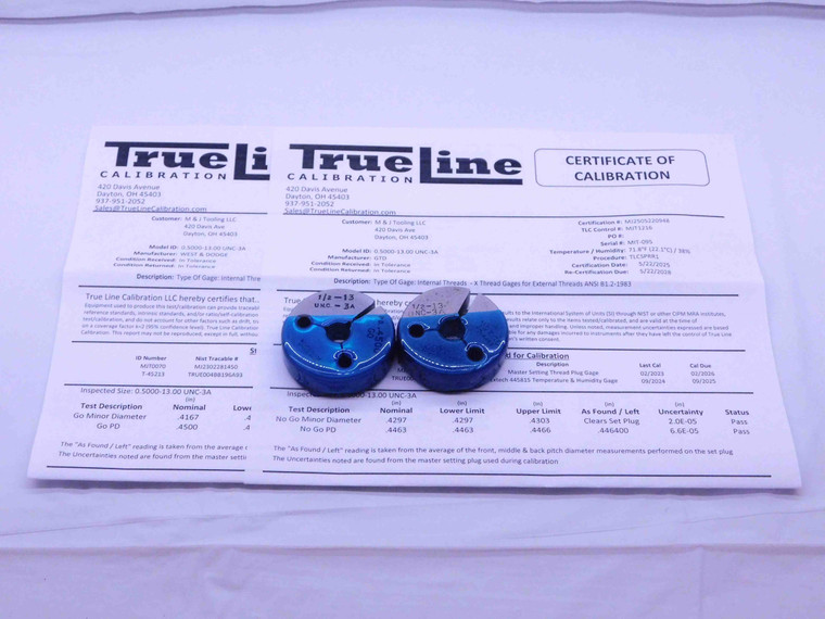 CERTIFIED 1/2 13 UNC 3A THREAD RING GAGES .5 GO NO GO P.D.'S = .4500 & .4463 - DW35216TLC