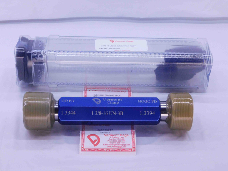 NEW 1 3/8 16 UN 3B VERMONT THREAD PLUG GAGE 1.375 GO NO GO PDS= 1.3344 & 1.3394 - DW35301VTG
