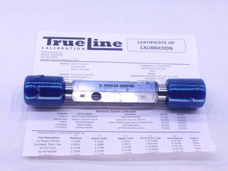 CERTIFIED 1 5/16 18 UNEF 2A SET THREAD PLUG GAGE 1.3125 GO NO GO = 1.2749 1.2700 - DW35306TLC