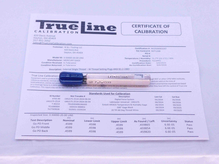 CERTIFIED 1/2 20 UNS SPECIAL SET THREAD PLUG GAGE .5 GO ONLY P.D. = .4599 CHECK - DW35274TLC