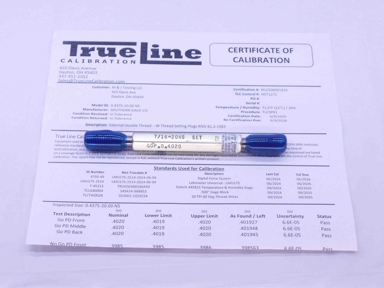 CERTIFIED 7/16 20 NS SET THREAD PLUG GAGE .4375 GO NO GO P.D.'S = .4020 & .3985 - DW35276TLC