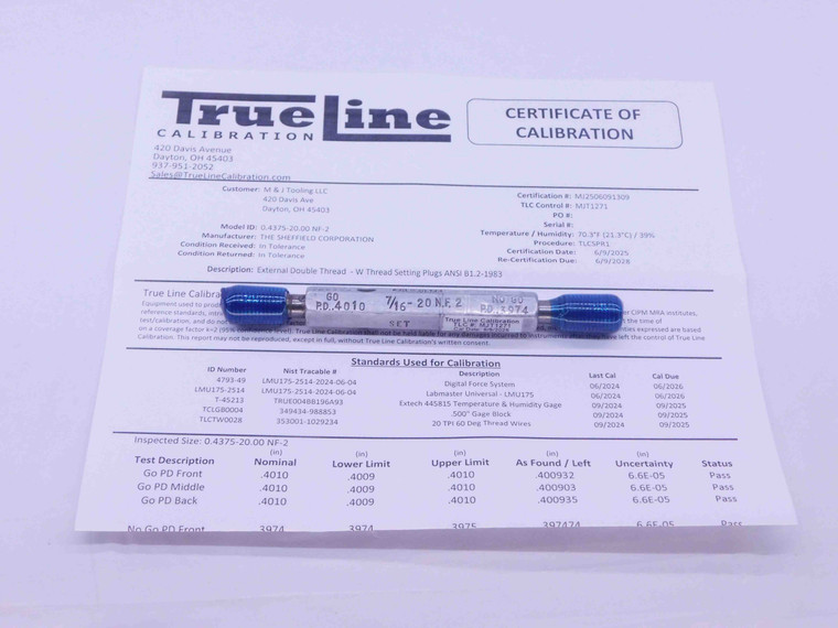 CERTIFIED 7/16 20 NF 2 SET THREAD PLUG GAGE .4375 GO NO GO PD'S = .4010 & .3974 - DW35277TLC