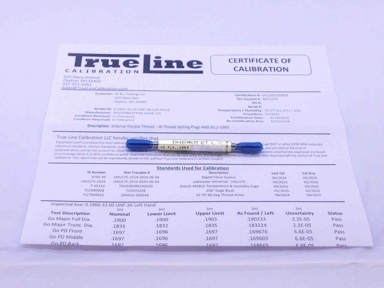 CERTIFIED 10 32 UNF 3A LEFT HAND SET THREAD PLUG GAGE .190 GO NOGO = .1697 .1674 - DW35278TLC