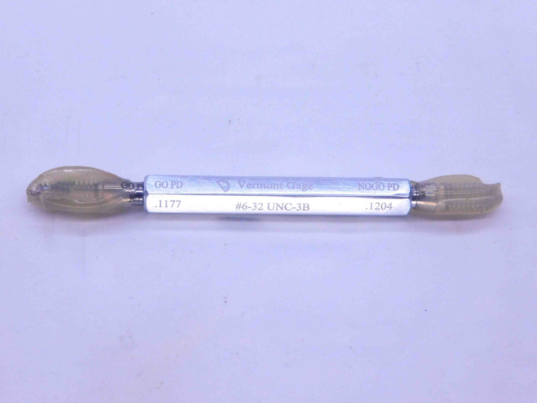 6 32 UNC 3B VERMONT THREAD PLUG GAGE #6 .138 GO NO GO P.D.'S = .1177 & .1204 - DW35442BS5