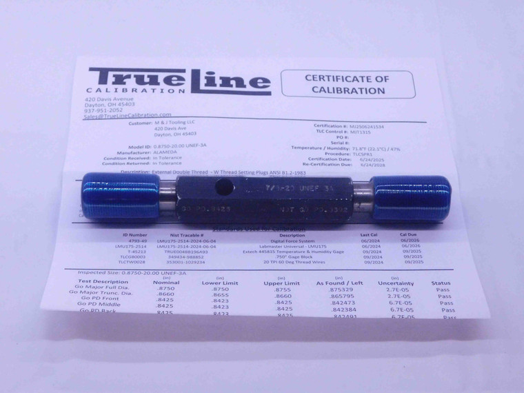 CERTIFIED 7/8 20 UNEF 3A SET THREAD PLUG GAGE .875 GO NO GO PDS= .8425 & .8392 - DW35477TLC