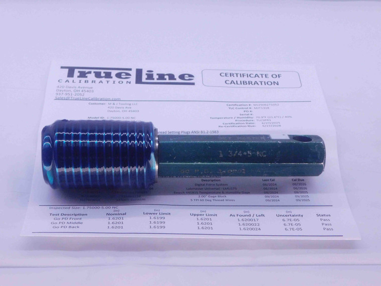 CERTIFIED 1 3/4 5 NC SET THREAD PLUG GAGE 1.75 5 GO ONLY P.D. = 1.6201 UNC 3A - DW35546TLC