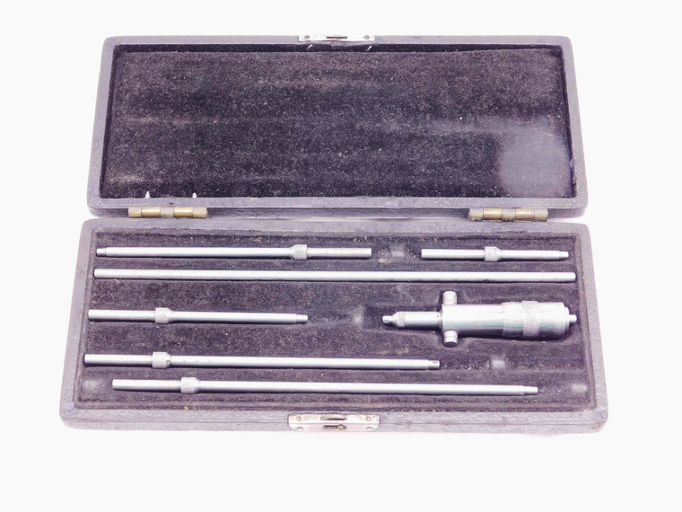 STARRETT MECHANICAL INSIDE MICROMETER SET 7 RODS W/ FELT LINED CASE MIC 3" - 9" - DM0764CT4