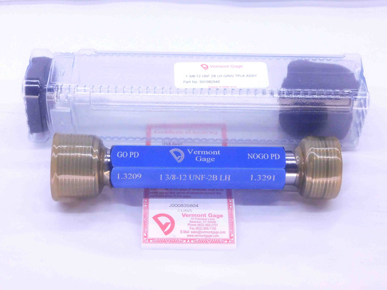 NEW 1 3/8 12 UNF 2B LEFT HAND VERMONT THREAD PLUG GAGE 1.375 GO NO GO = 1.3209 1.3291 - DW35623VTG
