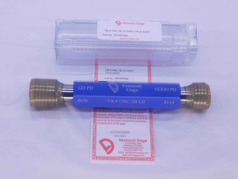 NEW 7/8 9 UNC 2B LEFT HAND VERMONT THREAD PLUG GAGE .875 GO NO GO = .8028 .8110 - DW35625VTG