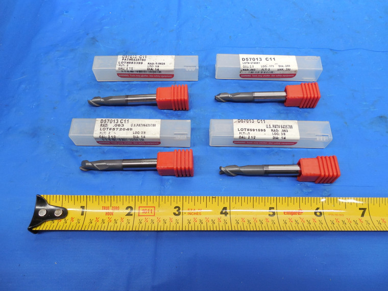 4PCS DATA FLUTE D57013 1/4 DIA 1/16 CORNER RADIUS 2 FLUTE END MILLS 3/8" LOC