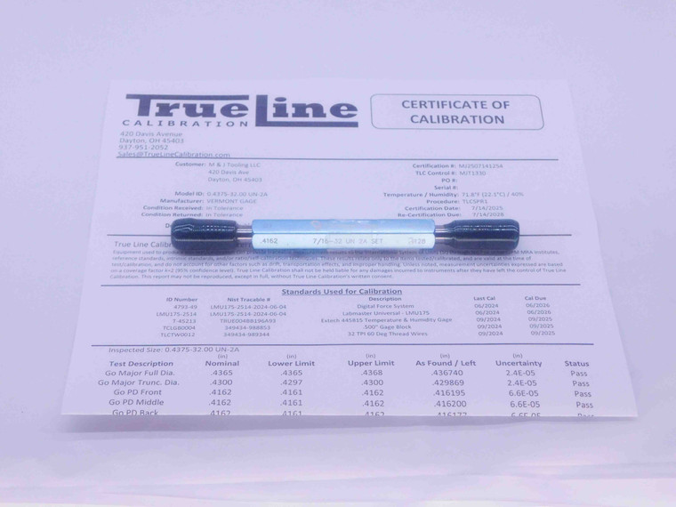 CERTIFIED 7/16 32 UN 2A VERMONT SET THREAD PLUG GAGE .4375 GO NOGO = .4162 .4128 - DW35804TLC
