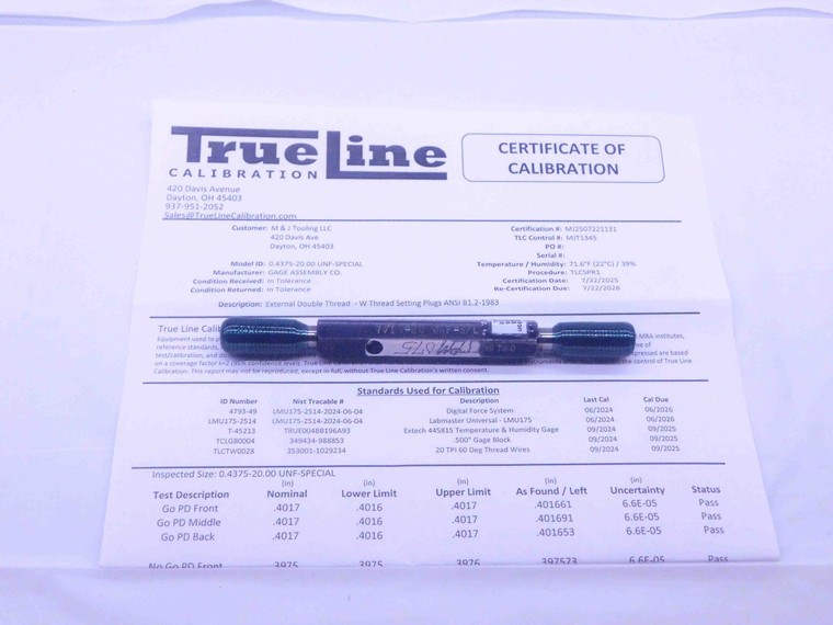 CERTIFIED 7/16 20 UNF SPL SPECIAL SET THREAD PLUG GAGE .4375 GO NO GO = .4017 .3975 - DW35944TLC