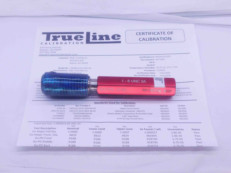 CERTIFIED 1" 8 UNC 3A SET THREAD PLUG GAGE 1.0 1.00 1.000 GO ONLY P.D. = .9188 - DW36054TLC