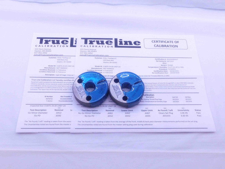 CERTIFIED 11/16 24 UNEF 2A THREAD RING GAGES .6875 GO NO GO PDS= .6592 & .6552 - DW36022TLC