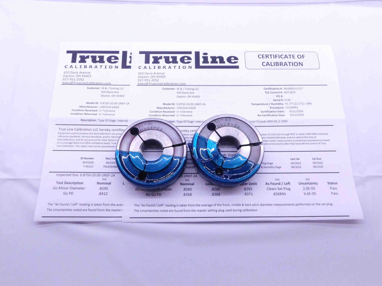 CERTIFIED 7/8 20 UNEF 2A THREAD RING GAGES .875 GO NO GO P.D.'S = .8412 & .8368 - DW36023TLC