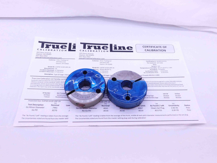 CERTIFIED 7/8 14 UNF 2A THREAD RING GAGES .875 GO NO GO P.D.'S = .8270 & .8216 - DW36025TLC
