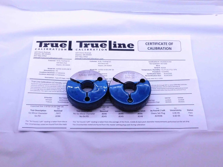 CERTIFIED 7/8 14 UNF 3A THREAD RING GAGES .875 GO NO GO P.D.'S = .8286 & .8245 - DW36025TLC