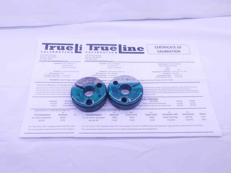 CERTIFIED 3/4 20 UNEF 3A THREAD RING GAGES .75 GO NO GO P.D.'S = .7175 & .7142 - DW36027TLC