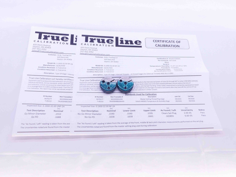 CERTIFIED 10 32 UNF 2A THREAD RING GAGES #10 .190 GO NO GO PD'S = .1688 & .1658 - DW36038TLC