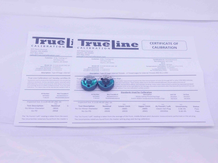 CERTIFIED 4 40 UNC 3A THREAD RING GAGES #4 .112 GO NO GO P.D.'S = .0958 & .0939 - DW36039TLC