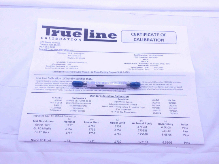 CERTIFIED 10 48 UNS 2A SET THREAD PLUG GAGE #10 .190 GO NO GO = .1757 & .1731 - DW36138TLC