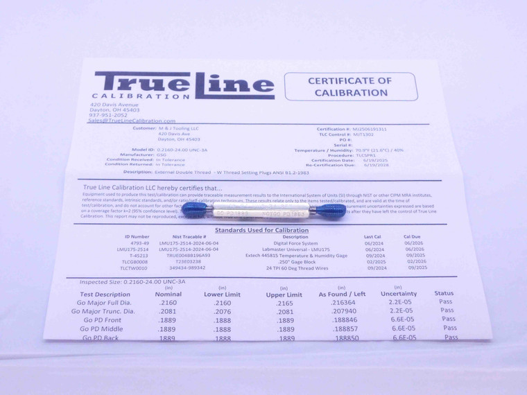 CERTIFIED 12 24 UNC 3A SET THREAD PLUG GAGE #12 .216 GO NO GO = .1889 & .1863 - DW36146TLC