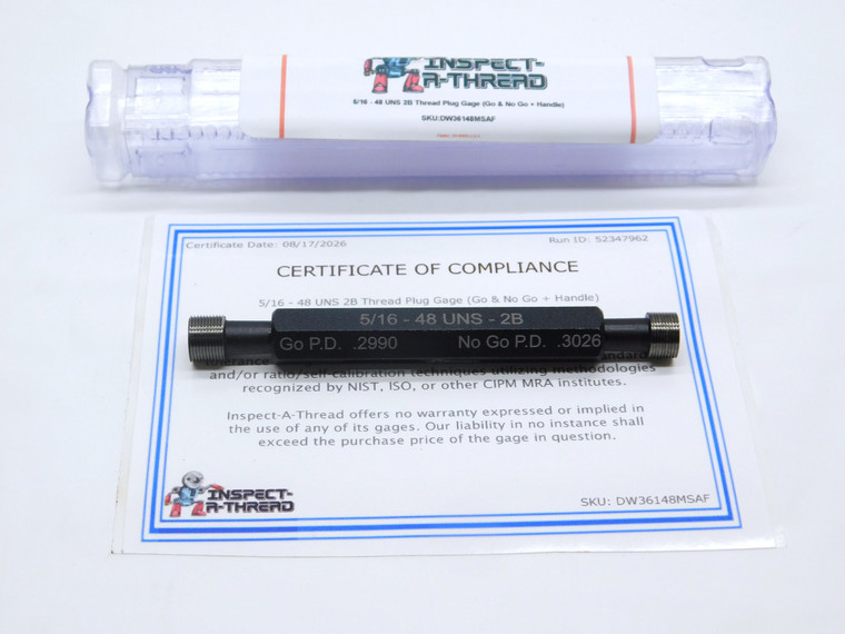 NEW 5/16 48 UNS 2B THREAD PLUG GAGE .3125 GO NO GO P.D.'S = .2990 & .3026 CHECK - DW36148MSAF