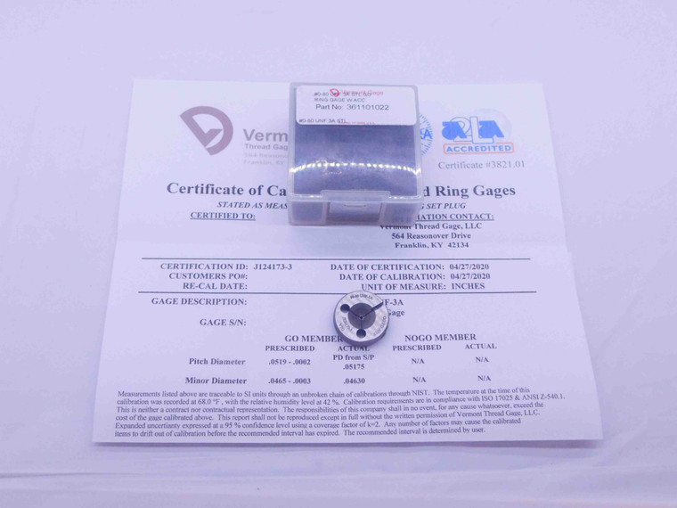 NEW CERTIFIED 0 80 UNF 3A VERMONT THREAD RING GAGE #0 .060 GO ONLY P.D. = .0519 - DW36252CK5