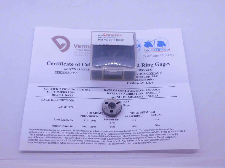 NEW CERTIFIED 6 32 UNC 3A VERMONT THREAD RING GAGE #6 .138 GO ONLY P.D. = .1177 - DW36254CK5