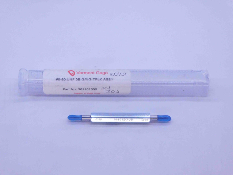 0 80 UNF 3B VERMONT THREAD PLUG GAGE #0 .060 GO NO GO P.D.'S = .0519 & .0536 - DW36364LVR