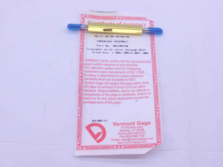 M2.2 X .45 6H VERMONT THREAD PLUG GAGE 2.2 0.45 GO NO GO P.D.'S = 1.908 & 2.003 - DW36442OB5