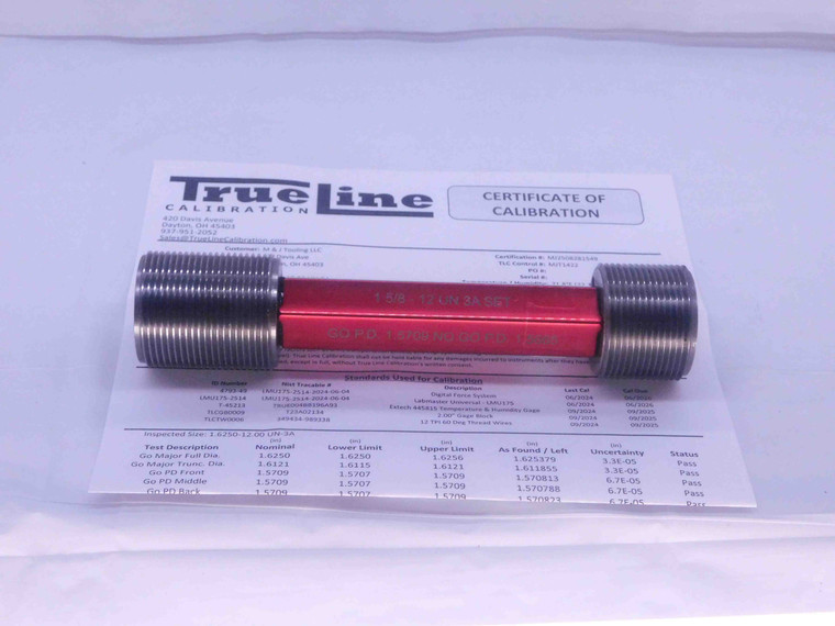 CERTIFIED 1 5/8 12 UN 3A SET THREAD PLUG GAGE 1.625 GO NO GO = 1.5709 & 1.5665 - DW36536TLC