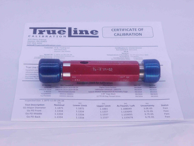 CERTIFIED 1 3/16 12 UN 3B THREAD PLUG GAGE 1.1875 GO NO GO PDS= 1.1334 & 1.1390 - DW36614TLC