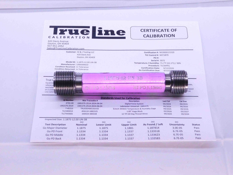CERTIFIED 1 3/16 12 UN 3B THREAD PLUG GAGE 1.1875 GO NO GO PDS= 1.1334 & 1.1390 - DW36614TLC