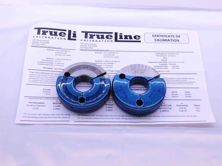 CERTIFIED 1 1/4 12 UNF 2A THREAD RING GAGES 1.25 GO NO GO PDS= 1.1941 & 1.1879 - DW36619TLC