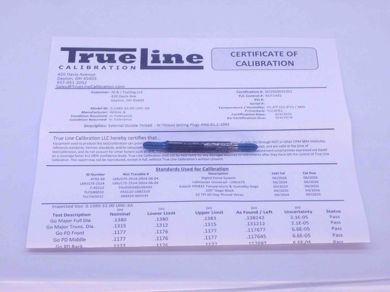 CERTIFIED 6 32 UNC 3A SET THREAD PLUG GAGE #6 .138 GO NO GO PDS= .1177 & .1156 - DW36623TLC