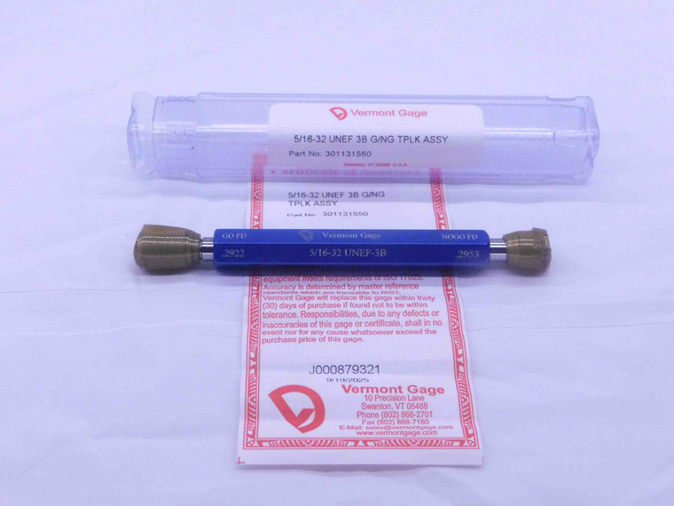 NEW 5/16 32 UNEF 3B VERMONT THREAD PLUG GAGE .3125 GO NO GO PD'S = .2922 & .2953 - DW36903VTG