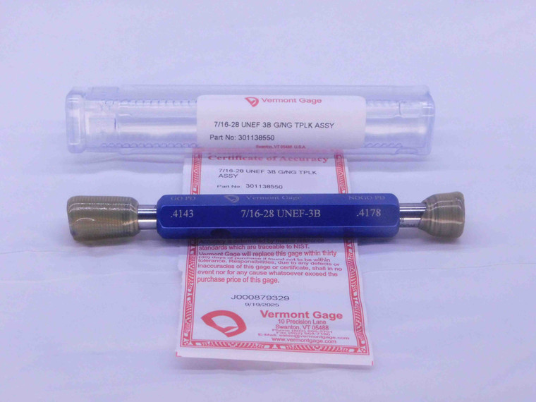 NEW 7/16 28 UNEF 3B VERMONT THREAD PLUG GAGE .4375 GO NO GO PD'S = .4143 & .4178 - DW36910VTG