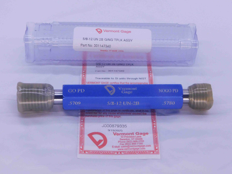 NEW 5/8 12 UN 2B VERMONT THREAD PLUG GAGE .625 GO NO GO P.D.'S = .5709 & .5780 - DW36914VTG