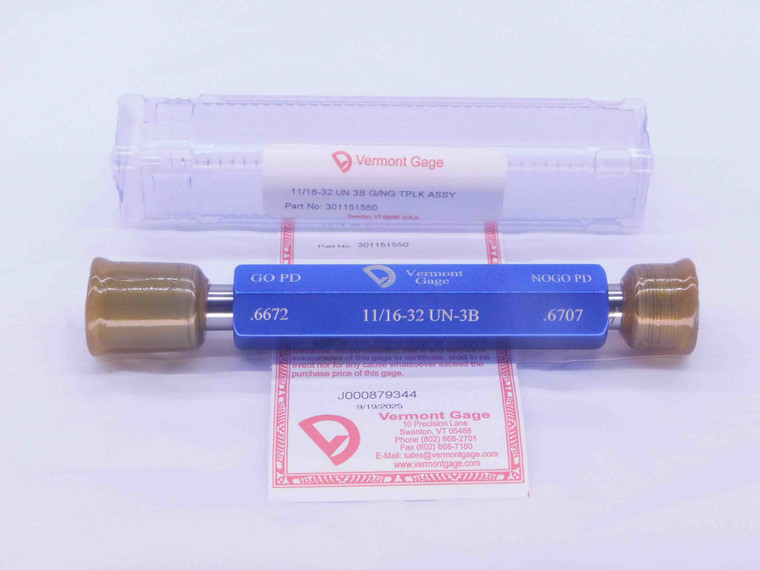 NEW 11/16 32 UN 3B VERMONT THREAD PLUG GAGE .6875 GO NO GO PD'S = .6672 & .6707 - DW36917VTG