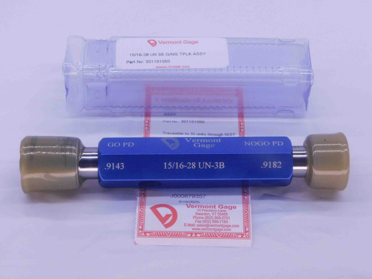NEW 15/16 28 UN 3B VERMONT THREAD PLUG GAGE .9375 GO NO GO PD'S = .9143 & .9182 - DW36928VTG