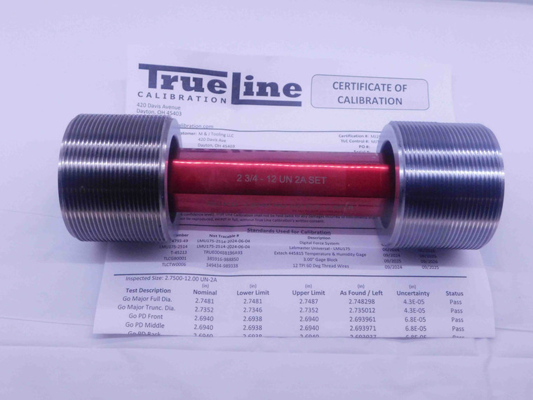 CERTIFIED 2 3/4 12 UN 2A SET THREAD PLUG GAGE 2.75 GO NO GO = 2.6940 & 2.6878 - DW36978TLC