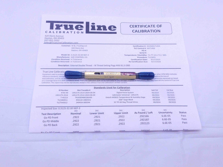 CERTIFIED 5/16 32 NEF 3 SET THREAD PLUG GAGE .3125 GO NO GO PDS= .2922 & .2899 - DW37002TLC