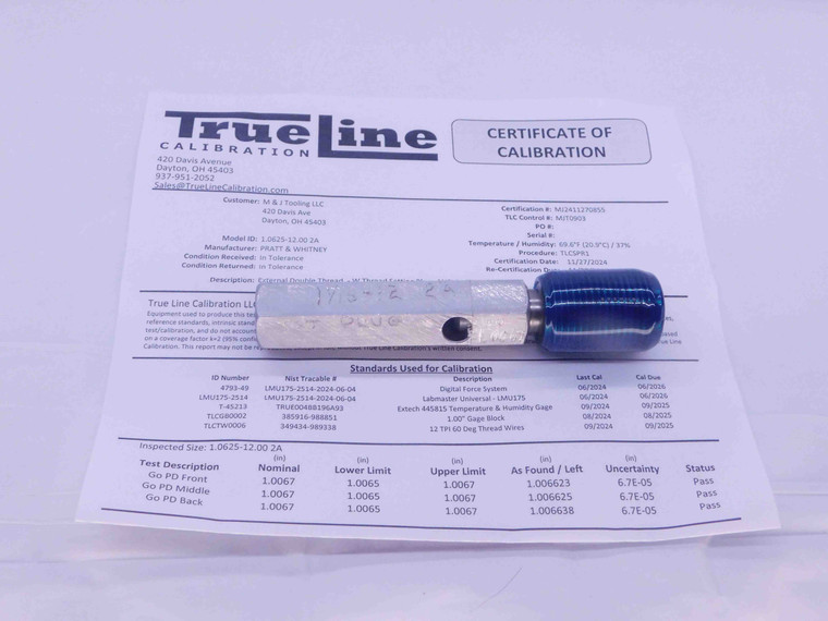 CERTIFIED 1 1/16 12 UN 2A SET THREAD PLUG GAGE 1.0625 GO ONLY PD = 1.0067 CHECK - DW37004TLC