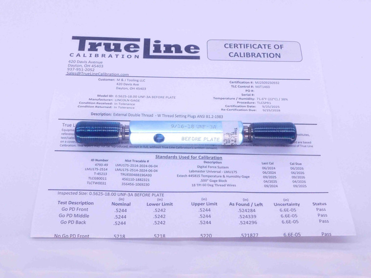 9/16 18 UNF 3A BEFORE PLATE SET THREAD PLUG GAGE .5625 GO NO GO .5244 .5218 CERT - DW37050TLC