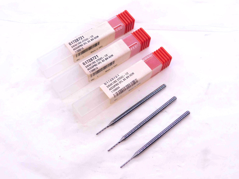 NEW 3 PCS ACCUPRO 3/64 O.D. 3/8 LOC BALL NOSE CARBIDE END MILL 1/8 SHANK 3 FLUTE - NS2059CG5