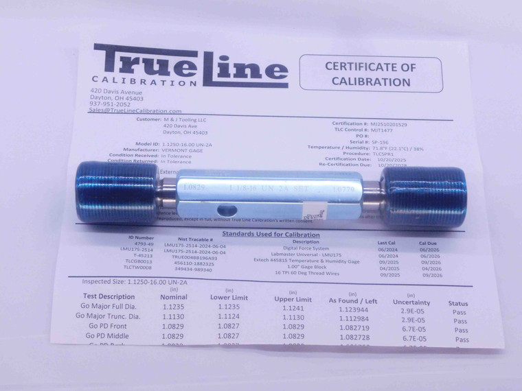 CERTIFIED 1 1/8 16 UN 2A VTG SET THREAD PLUG GAGE 1.125 GO NO GO = 1.0829 1.0779 - DW37582TLC